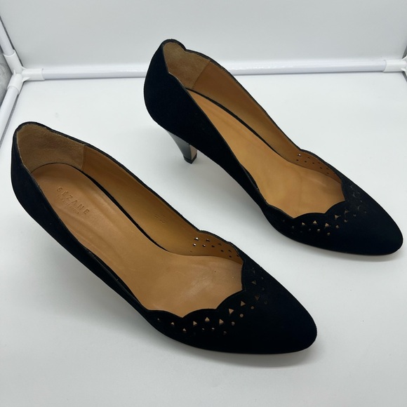 SÉZANE Escarpins Low Josephine Black Suede Eyelet Cutout Kitten Heels sz 42 - Picture 4 of 15